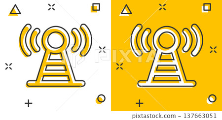 Antenna tower icon in comic style. Broadcasting cartoon vector illustration on white isolated background. Wifi splash effect business concept. 137663051