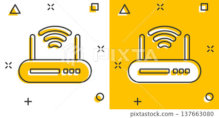 Wifi router icon in comic style. Broadband cartoon vector illustration on white isolated background. Internet connection splash effect business concept. Wifi router icon in comic style. Broadband cartoon vector illustration on white isolated background. Internet connection splash effect business concept. 137663080