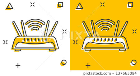 Wifi router icon in comic style. Broadband cartoon vector illustration on white isolated background. Internet connection splash effect business concept. 137663084