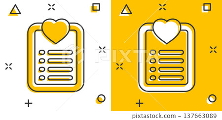 Wishlist icon in comic style. Like document cartoon vector illustration on white isolated background. Favorite list splash effect business concept. 137663089