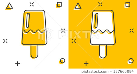 Ice cream icon in comic style. Sundae cartoon vector illustration on white isolated background. Sorbet dessert splash effect business concept. Ice cream icon in comic style. Sundae cartoon vector illustration on white isolated background. Sorbet dessert splash effect business concept. 137663094
