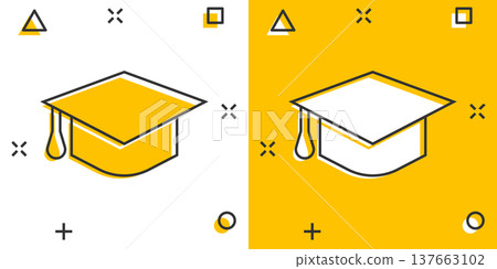 Graduation hat icon in comic style. Student cap cartoon vector illustration on white isolated background. University splash effect business concept. Graduation hat icon in comic style. Student cap cartoon vector illustration on white isolated background. University splash effect business concept. 137663102