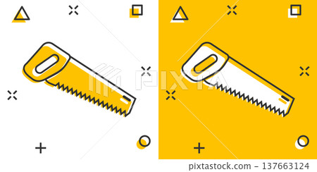 Saw blade icon in comic style. Working tools cartoon vector illustration on white isolated background. Hammer splash effect business concept. Saw blade icon in comic style. Working tools cartoon vector illustration on white isolated background. Hammer splash effect business concept. 137663124