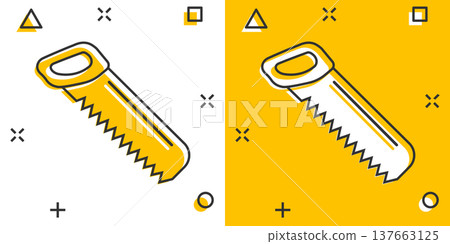 Saw blade icon in comic style. Working tools cartoon vector illustration on white isolated background. Hammer splash effect business concept. 137663125