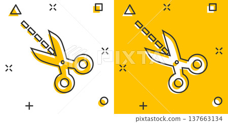 Scissor with cutting line icon in comic style. Cut equipment cartoon vector illustration on white isolated background. Cutter splash effect business concept. Scissor with cutting line icon in comic style. Cut equipment cartoon vector illustration on white isolated background. Cutter splash effect business concept. 137663134