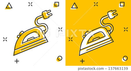 Iron icon in comic style. Laundry equipment cartoon vector illustration on white isolated background. Ironing splash effect business concept. Iron icon in comic style. Laundry equipment cartoon vector illustration on white isolated background. Ironing splash effect business concept. 137663139