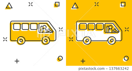 Bus icon in comic style. Coach cartoon vector illustration on white isolated background. Autobus vehicle splash effect business concept. 137663242