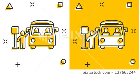 Bus station icon in comic style. Auto stop cartoon vector illustration on white isolated background. Autobus vehicle splash effect business concept. 137663244