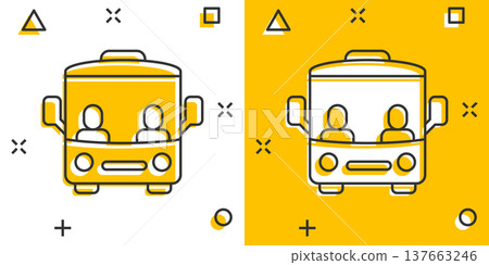 Bus icon in comic style. Coach cartoon vector illustration on white isolated background. Autobus vehicle splash effect business concept. 137663246