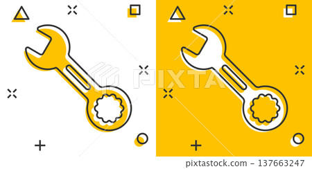 Wrench icon in comic style. Spanner key cartoon vector illustration on white isolated background. Repair equipment splash effect business concept. Wrench icon in comic style. Spanner key cartoon vector illustration on white isolated background. Repair equipment splash effect business concept. 137663247