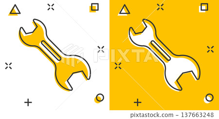 Wrench icon in comic style. Spanner key cartoon vector illustration on white isolated background. Repair equipment splash effect business concept. Wrench icon in comic style. Spanner key cartoon vector illustration on white isolated background. Repair equipment splash effect business concept. 137663248
