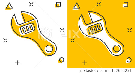 Wrench icon in comic style. Spanner key cartoon vector illustration on white isolated background. Repair equipment splash effect business concept. Wrench icon in comic style. Spanner key cartoon vector illustration on white isolated background. Repair equipment splash effect business concept. 137663251