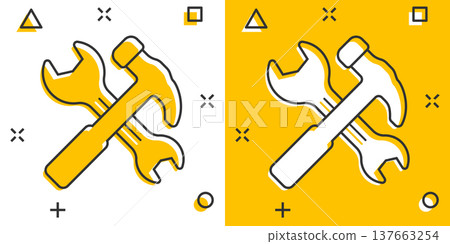 Hammer with wrench icon in flat style. Work instrument vector illustration on white isolated background. Repair equipment business concept. Hammer with wrench icon in flat style. Work instrument vector illustration on white isolated background. Repair equipment business concept. 137663254
