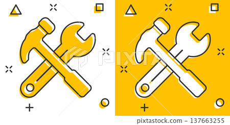 Hammer with wrench icon in flat style. Work instrument vector illustration on white isolated background. Repair equipment business concept. 137663255
