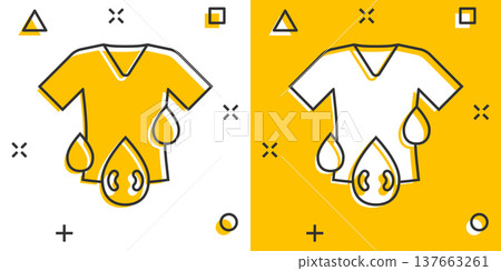 T-shirt washing icon in comic style. Clothes dry cartoon vector illustration on white isolated background. Shirt laundry splash effect business concept. T-shirt washing icon in comic style. Clothes dry cartoon vector illustration on white isolated background. Shirt laundry splash effect business concept. 137663261