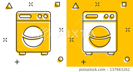 Washing machine icon in comic style. Washer cartoon vector illustration on white isolated background. Laundry splash effect business concept. Washing machine icon in comic style. Washer cartoon vector illustration on white isolated background. Laundry splash effect business concept. 137663262