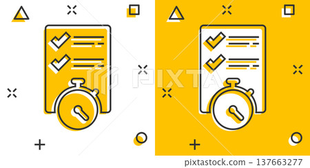 Document witch clock icon in comic style. Checklist survey cartoon vector illustration on white isolated background. Fast service splash effect business concept. 137663277