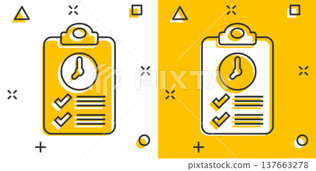 Document witch clock icon in comic style. Checklist survey cartoon vector illustration on white isolated background. Fast service splash effect business concept. 137663278