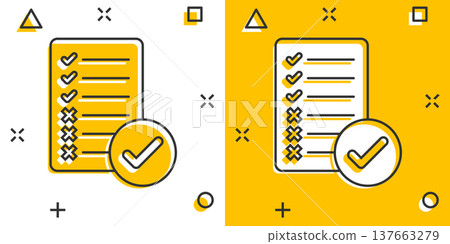 Document checklist icon in comic style. Report cartoon vector illustration on white isolated background. Paper sheet splash effect business concept. 137663279