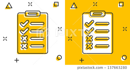 Document checklist icon in comic style. Report cartoon vector illustration on white isolated background. Paper sheet splash effect business concept. 137663280