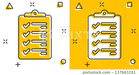 Document checklist icon in comic style. Report cartoon vector illustration on white isolated background. Paper sheet splash effect business concept. 137663281
