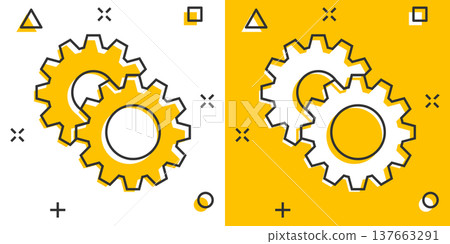 Gear vector icon in comic style. Cog wheel cartoon illustration on white isolated background. Gearwheel cogwheel splash effect business concept. 137663291