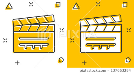 Film icon in comic style. Movie cartoon vector illustration on white isolated background. Clapper video splash effect business concept. Film icon in comic style. Movie cartoon vector illustration on white isolated background. Clapper video splash effect business concept. 137663294