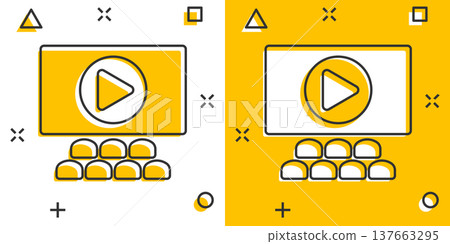 Film icon in comic style. Movie cartoon vector illustration on white isolated background. Cinema theater splash effect business concept. 137663295