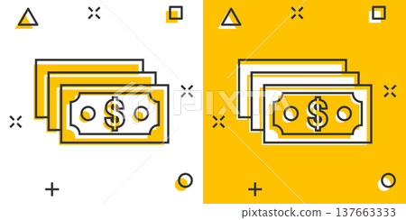 Dollar currency banknote icon in comic style. Dollar cash cartoon vector illustration on white isolated background. Banknote bill splash effect business concept. Dollar currency banknote icon in comic style. Dollar cash cartoon vector illustration on white isolated background. Banknote bill splash effect business concept. 137663333