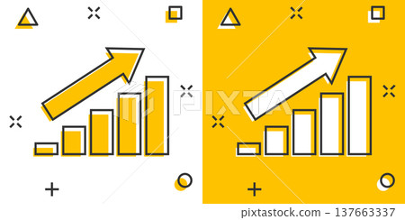Chart graph icon in comic style. Arrow grow cartoon vector illustration on white isolated background. Analysis splash effect business concept. Chart graph icon in comic style. Arrow grow cartoon vector illustration on white isolated background. Analysis splash effect business concept. 137663337