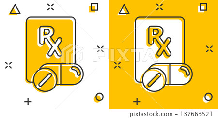 Prescription icon in comic style. Rx document cartoon vector illustration on white isolated background. Paper splash effect business concept. 137663521