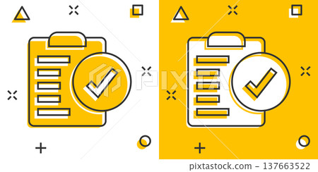 Document checkbox icon in comic style. Test cartoon vector illustration on white isolated background. Contract splash effect business concept. Document checkbox icon in comic style. Test cartoon vector illustration on white isolated background. Contract splash effect business concept. 137663522