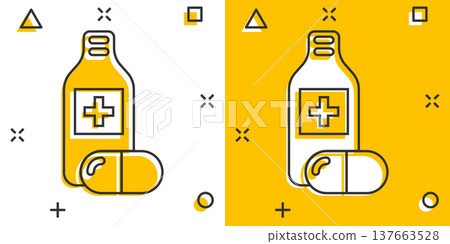 Pill bottle icon in comic style. Drugs cartoon vector illustration on white isolated background. Pharmacy splash effect business concept. 137663528