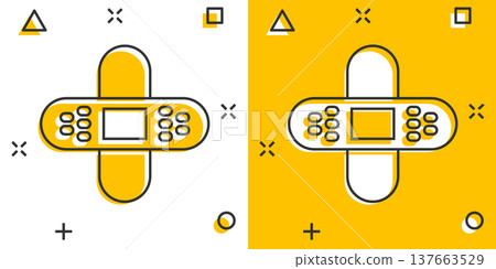 Bandage icon in comic style. Plaster cartoon vector illustration on white isolated background. First aid kit splash effect business concept. 137663529