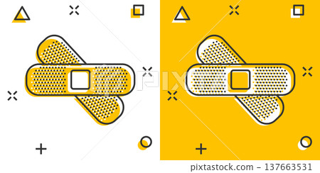 Bandage icon in comic style. Plaster cartoon vector illustration on white isolated background. First aid kit splash effect business concept. 137663531