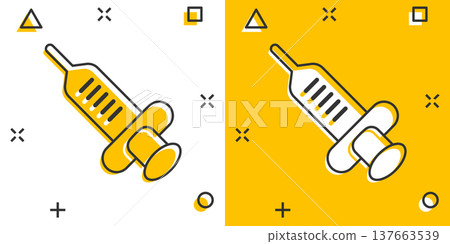 Syringe icon in comic style. Inject needle cartoon vector illustration on white isolated background. Drug dose splash effect business concept. Syringe icon in comic style. Inject needle cartoon vector illustration on white isolated background. Drug dose splash effect business concept. 137663539