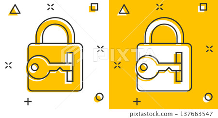 Locker icon in comic style. Padlock password cartoon vector illustration on white isolated background. Key unlock splash effect business concept. Locker icon in comic style. Padlock password cartoon vector illustration on white isolated background. Key unlock splash effect business concept. 137663547