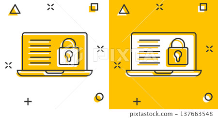Locker computer icon in comic style. Padlock laptop cartoon vector illustration on white isolated background. Key unlock splash effect business concept. Locker computer icon in comic style. Padlock laptop cartoon vector illustration on white isolated background. Key unlock splash effect business concept. 137663548