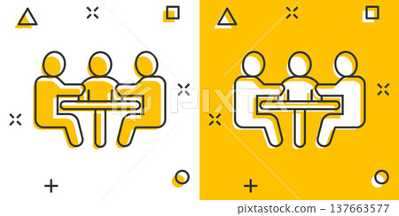 People with table icon in comic style. Teamwork conference cartoon vector illustration on white isolated background. Speaker dialog splash effect business concept. People with table icon in comic style. Teamwork conference cartoon vector illustration on white isolated background. Speaker dialog splash effect business concept. 137663577