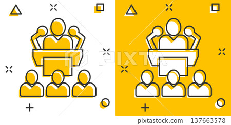 People on podium icon in comic style. Speaker cartoon vector illustration on white isolated background. Audience orator splash effect business concept. 137663578