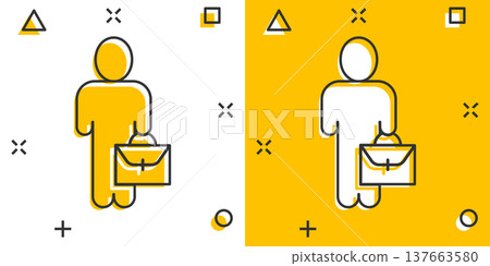 Businessman with briefcase icon in comic style. People manager cartoon vector illustration on white isolated background. Employee splash effect business concept. 137663580