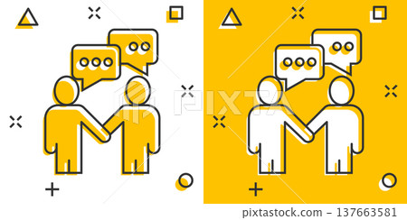 Greetings gesture icon in comic style. People handshake cartoon vector illustration on white isolated background. Hand shake splash effect business concept. 137663581