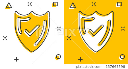 Shield with check mark icon in comic style. Protect cartoon vector illustration on white isolated background. Checkmark guard splash effect business concept. Shield with check mark icon in comic style. Protect cartoon vector illustration on white isolated background. Checkmark guard splash effect business concept. 137663596