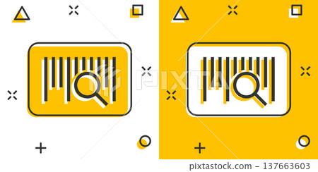 Barcode icon in comic style. Product distribution cartoon vector illustration on white isolated background. Bar code splash effect business concept. Barcode icon in comic style. Product distribution cartoon vector illustration on white isolated background. Bar code splash effect business concept. 137663603