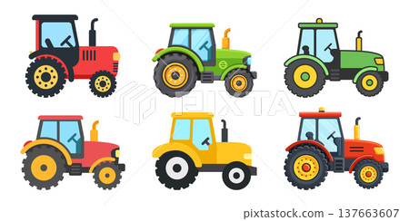 Farm tractor truck icon set collection in flat style. Agriculture transport vector illustration on isolated background. Colorful farming vehicle sign business concept. 137663607