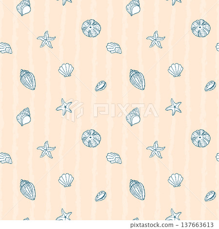 Marine seamless pattern with doodle seashells on textured striped background. Starfish, oyster, scallop, urchin. Perfect for greetings, invitations, manufacture wrapping paper, textile and web design Marine seamless pattern with doodle seashells on textured striped background. Starfish, oyster, scallop, urchin. Perfect for greetings, invitations, manufacture wrapping paper, textile and web design 137663613