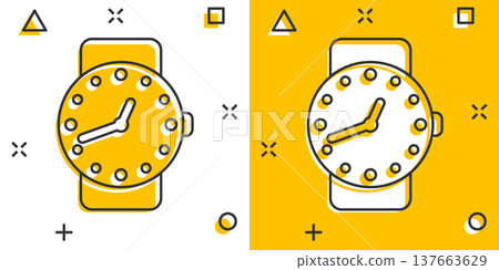 Wrist watch icon in comic style. Hand clock cartoon vector illustration on white isolated background. Time bracelet splash effect business concept. 137663629
