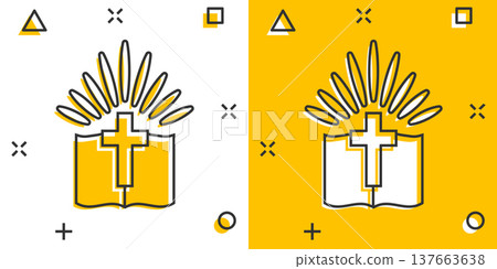 Bible book icon in comic style. Church faith cartoon vector illustration on white isolated background. Spirituality splash effect business concept. Bible book icon in comic style. Church faith cartoon vector illustration on white isolated background. Spirituality splash effect business concept. 137663638