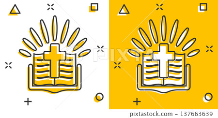 Bible book icon in comic style. Church faith cartoon vector illustration on white isolated background. Spirituality splash effect business concept. 137663639