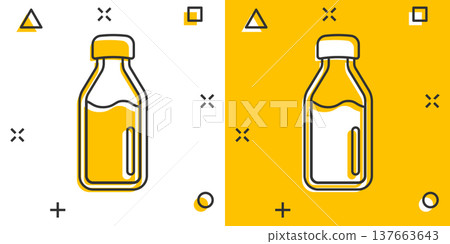 Bottle milk icon in comic style. Flask cartoon vector illustration on white isolated background. Drink container splash effect business concept. 137663643